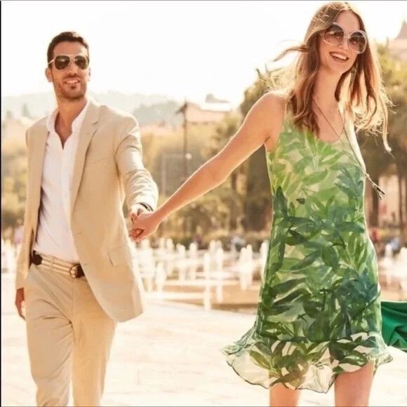 Cabi Tropical Slip Dress Womens M Green Resort Flounce Hem Chiffon Vacation - Picture 2 of 9